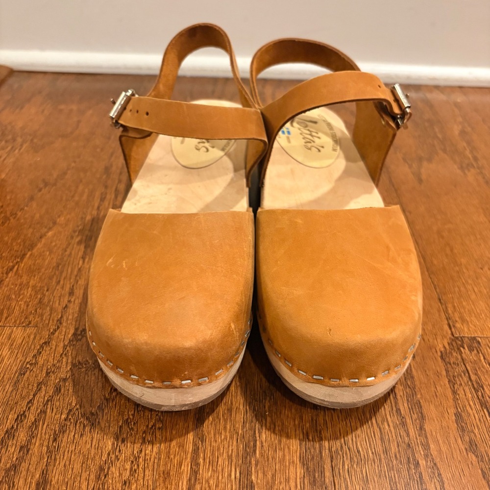 Lotta from Stockholm Swedish Low Wood Clog Sandals Tan Leather Heels Size 40 - Picture 2 of 11